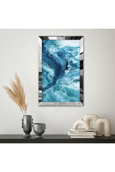Zevahir Mobilya Dekorasyon Blue White Waves Abstract Single MDF Table cu cadru din plexiglas cu oglindă argintie