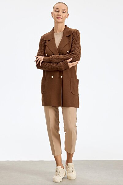 Tığ Triko Kolları Saç Örgülü Triko Blazer Ceket KAHVE