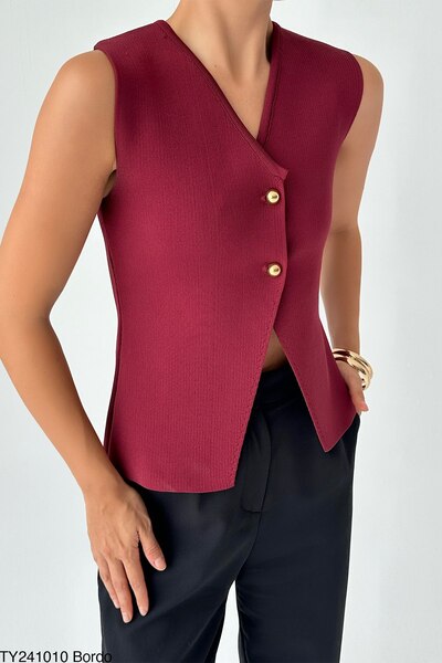 Liora Burgundy Gold Women's Knitted Vest - Buttoned Steel Design