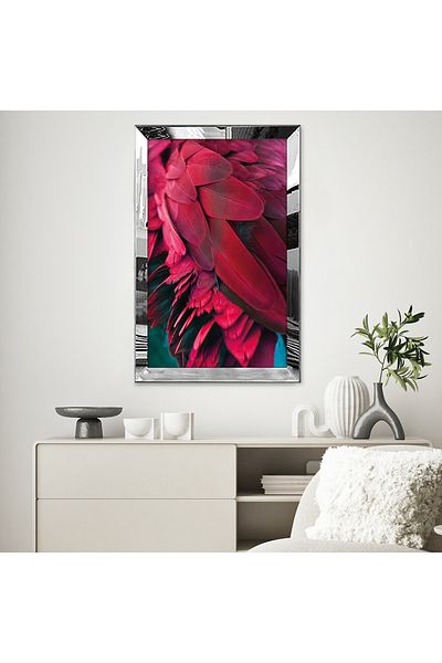 Zevahir Mobilya Dekorasyon Masa MDF simpla cu frunze de flori rosii cu rama din plexiglas cu oglinda argintie