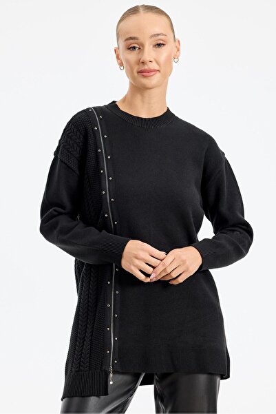 Tığ Triko Fermuar Detaylı Triko Tunik SİYAH