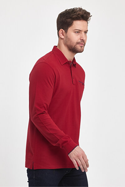 ENQUE Men's Long Basic Polo Neck Red Sweatshirt with Pockets