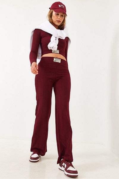 Bianco Lucci Women's Label Detailed Crop Knitted Top and Bottom Set 60251853