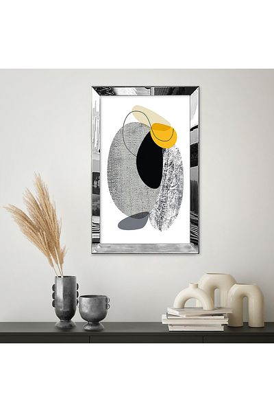 Zevahir Mobilya Dekorasyon Pictură modernă unică din MDF cu pietre mari geometrice abstracte cu cadru din plexiglas cu oglindă argintie