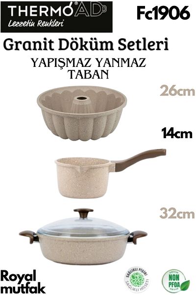 ThermoAD Cast Iron Granite Mink Carnivore Pot 32Cm+Slice Cake Mold+ Cast Iron Granite Milk Bowl -Sauce Bowl 1Lt.