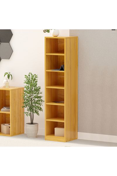 Mahmayi Wooden Storage Display Shelves 6-Tier Freestanding, Box Shelves, Light Walnut