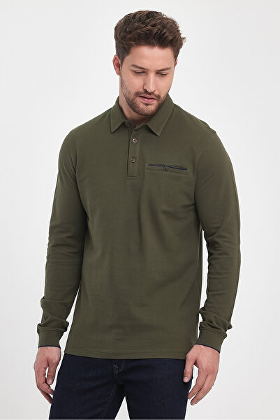 ENQUE Ανδρικό μακρύ βασικό πόλο γιακά μασίφ χακί φούτερ με τσέπες