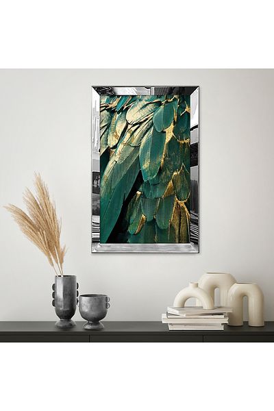 Zevahir Mobilya Dekorasyon Masa MDF simpla cu model de pene de pasare verde-aurie cu rama din plexiglas cu oglinda argintie