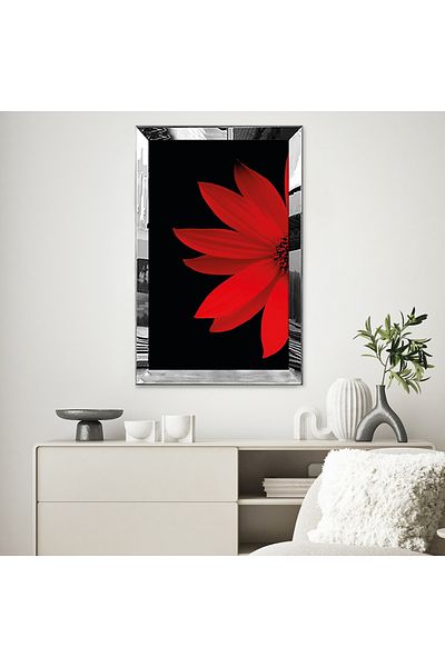 Zevahir Mobilya Dekorasyon Masă MDF roșie cu jumătate de floare cu cadru din plexiglas cu oglindă argintie