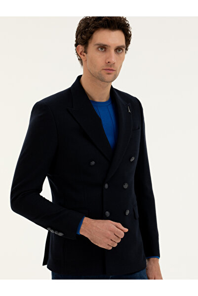 Cacharel Lacivert Slim Fit Yün Karışımlı Kruvaze Ceket 50278131-VR033