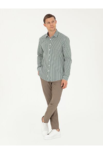 Cacharel Koyu Yeşil Slim Fit Pamuklu Çizgili Gömlek 50291360-VR079