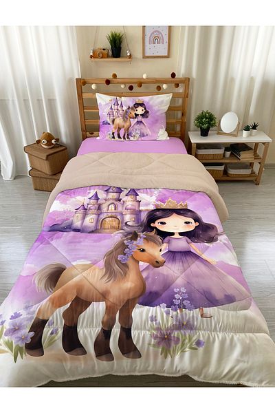 Evmila Double Sided Princess Girl Patterned Quilted Quilt - Single Sleeping Set