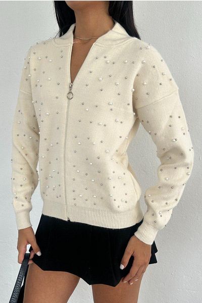Ded COLLECTION Cardigan de damă cu fermoar cu perle