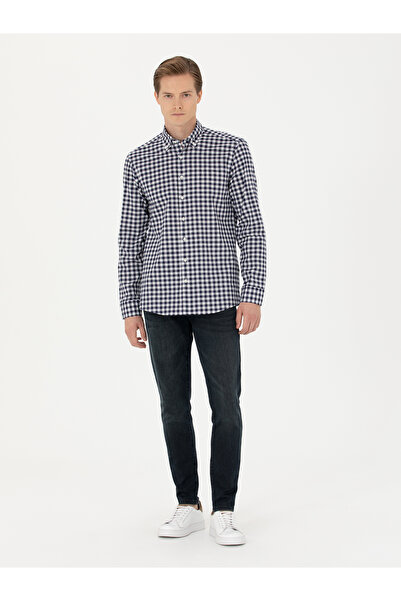 Cacharel Lacivert Slim Fit Uzun Kollu Kareli Gömlek 50276942-VR033
