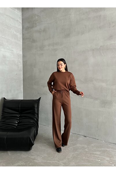 Laluvia Barna Sweat széles szárú nadrág szett