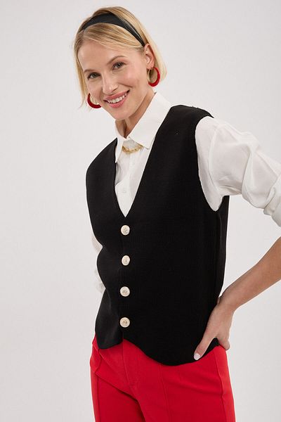 BEJNA Women's Black V-Neck Metal Buttoned Knitwear Vest