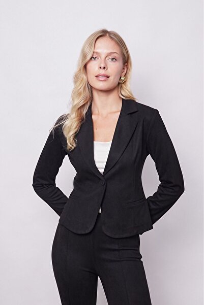 Up Shop Siyah Renk Likralı Flato Cepli Blazer Mono Kadife Ceket 30082