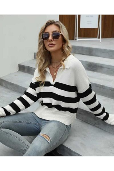 OlaLady Γυναικείο πουκάμισο γιακά ριγέ πλεκτό πουλόβερ
