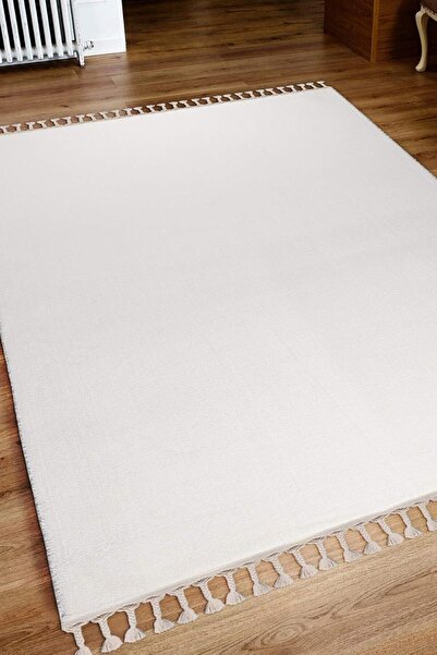 LİNOS HOME Puffy Beyaz Saçaklı Peluş Yolluk Yumuşacık Yıkanabilir Kaymaz Taba...