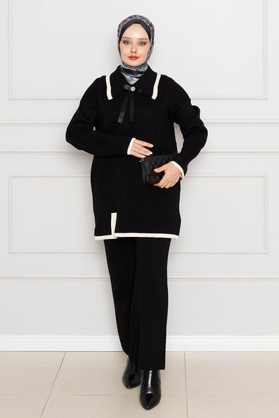 Sevitli Set de tricotaje cu guler cu dungi și detaliu fundă-negru