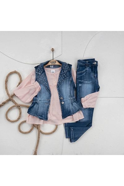 Cool Exclusive Girl's Metal Decorated Denim Vest Set