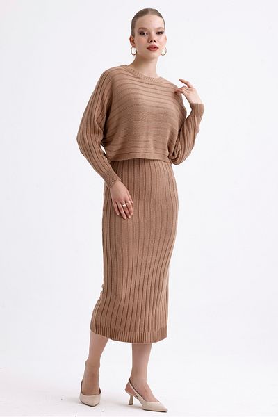 MD trend Women's Crop Flowy Sweater and Double V-Neck Strappy Ribbed Dress Double Knitwear Set