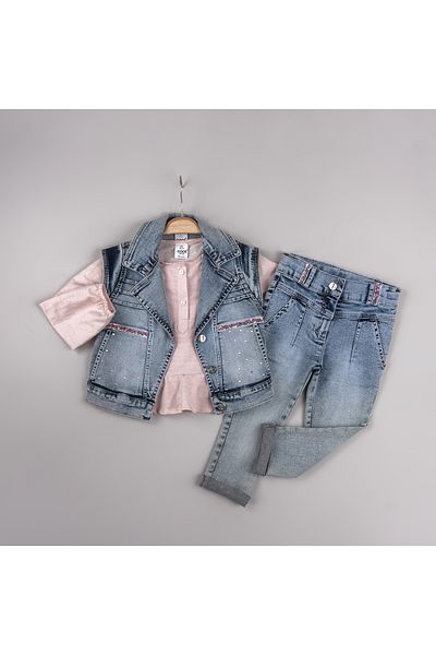 Cool Exclusive Glittery Denim Vest Girl's Set with Pockets