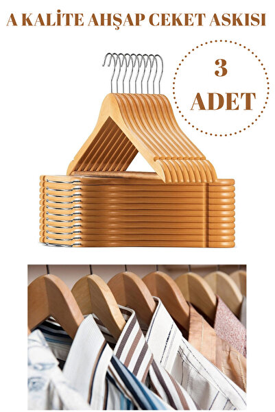 Manken İstanbul 3 Adet A Kalite Ahşap Ceket Askısı Gömlek Askısı Tişört Askıs...
