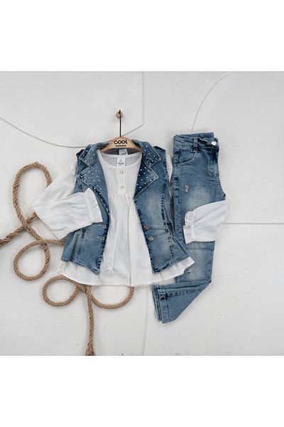 Cool Exclusive Girl's Metal Decorated Denim Vest Set