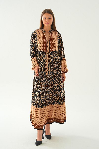 Rays 2643 Model Kuruveza Collar Patterned Brown Dress