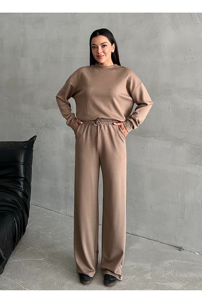 Laluvia Nerzfarbenes Sweat-Hosenset mit weitem Bein