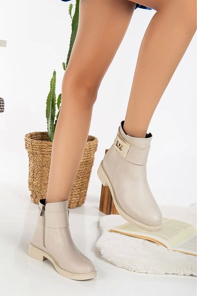 MFT AYAKKABI Μπεζ Γυναικείες Μπότες - 3 cm Flat Heel and Zipper