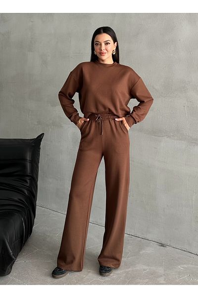 Laluvia Brown Sweat Wide Leg Trousers Set