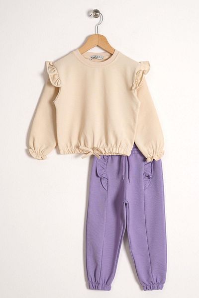 zepkids Crew Neck Long Sleeve Trousers Beige-Lilac Color Girl's Tracksuit Set with Stitching Detail
