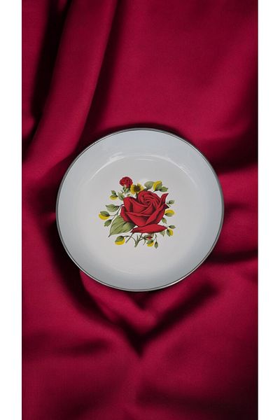 emaye market Enamel 18cm Patterned Custard Food Breakfast Set - Pit, Salad and Chips Plate