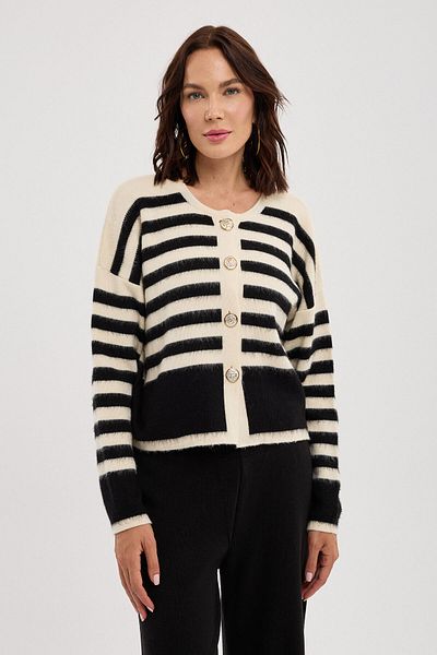 BEJNA Schwarz gestreifter, weicher Strick-Cardigan mit Metallknöpfen für Damen