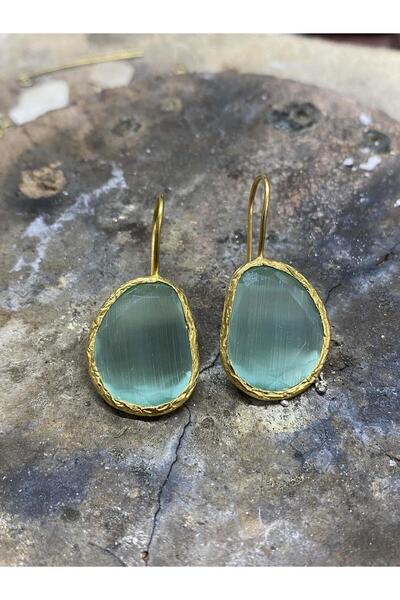 Beyisa Güneş Taşı Serisi Kedi Gözü Fasülye Kesim Turkuaz Kadın Küpe