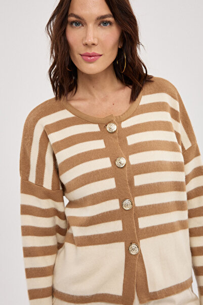 BEJNA Γυναικεία μαλακή πλεκτή ζακέτα με μεταλλικά κουμπιά Camel ριγέ