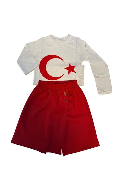 Kuraff Giyim Unisex Long Sleeve Star Printed Tee and Red Shorts Skirt Suit