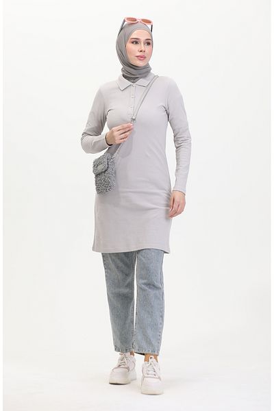 sefamerve Polo Neck Placket Tunic 10346-01 Γκρι