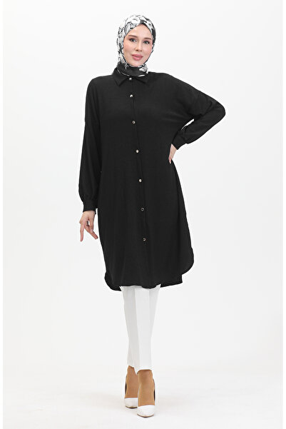 sefamerve Black Long Tunic - Buttoned, 1046-05 Model