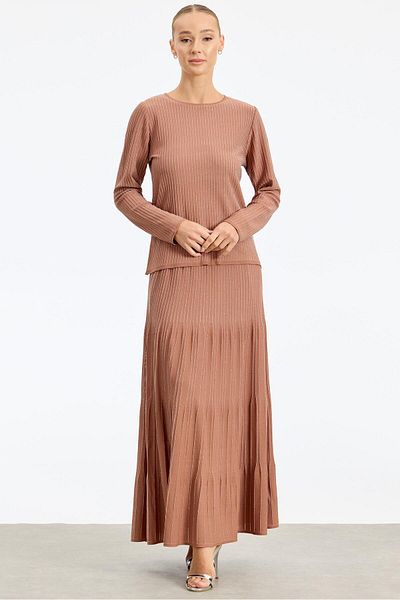 Tığ Triko Rayon Fabric Glittered Skirt Set - Kakao