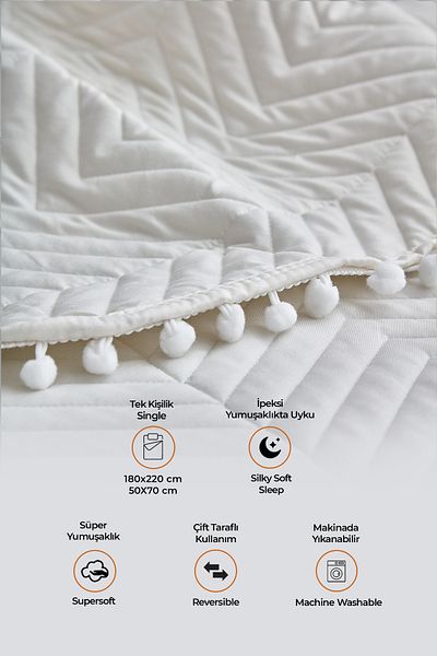 Evlen Home Collection Single Pompom Mattress Set - 100% Cotton, Daily Filled, Off-White Cream
