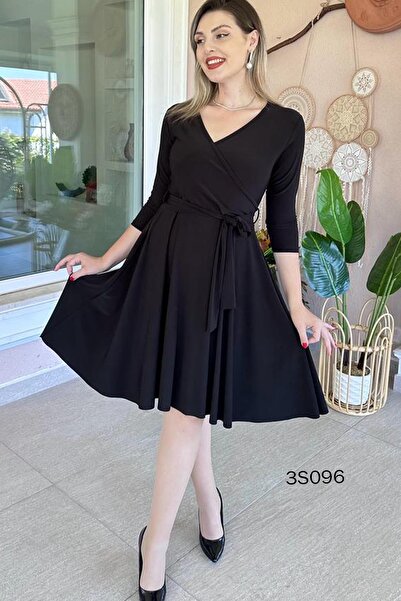 İnce Topuk Kruvaze Yaka Belden Bağlamalı Elbise 3s096