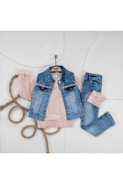Cool Exclusive Girl's Glittery Denim Vest Set with Pocket Top