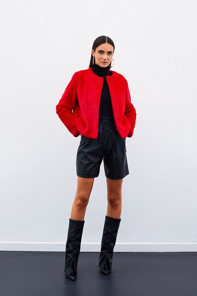 Sateen Red Collarless Plush Jacket