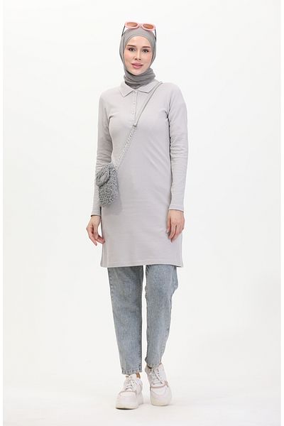 sefamerve Polo Neck Placket Tunic 10346-01 Γκρι
