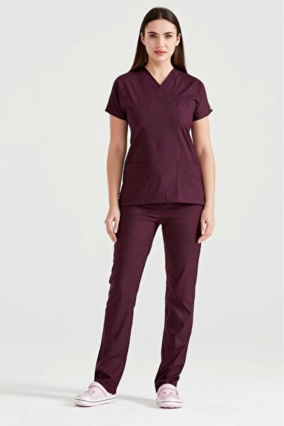 Moodamedikal Mürdüm Tek Renkli Likralı Kumaş Cerrahi Takım V Yaka Forma