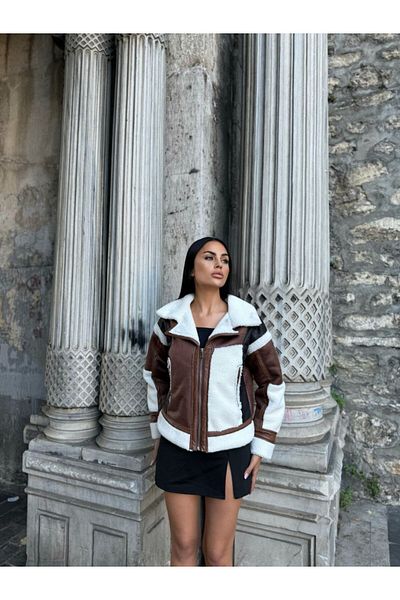 Lin Collection Women's Brown Fur Lined Garnished Piece Detailed Faux Suede Jacket Coat