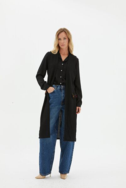 BeFee Kadın Kolsuz Püskül Detaylı Yırtmaçlı Uzun Triko Hırka